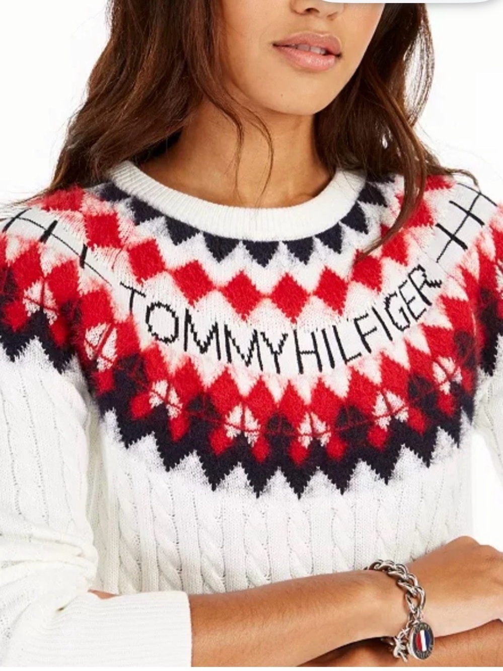 Tommy Hilfiger White, Red & Navy Fair Isle Cable-Knit Crew Sweater